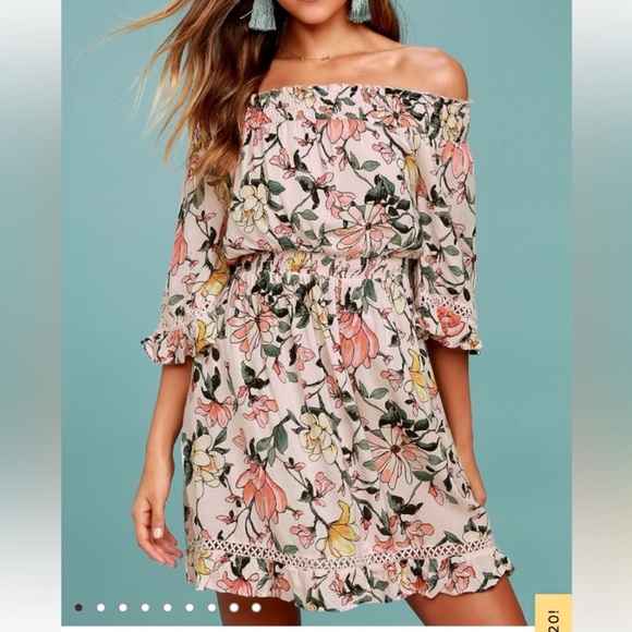 Lulus Dresses & Skirts - Lulu’s Hello Darling Floral Off-Shoulder Mini Dress Pale Pink, Size XL, NWT